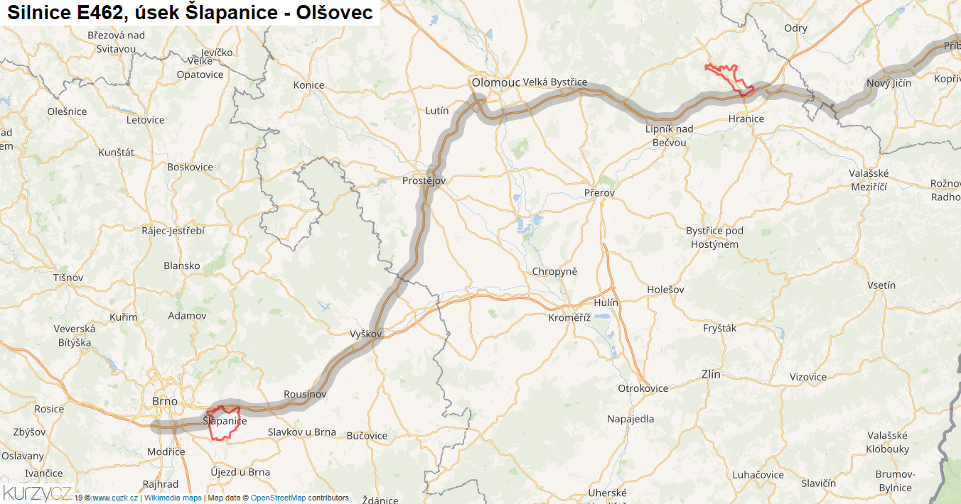Úsek Šlapanice - Olšovec, Silnice E462 - Mapa