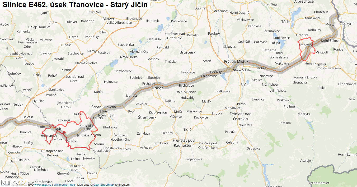 Úsek Třanovice - Starý Jičín, Silnice E462 - Mapa