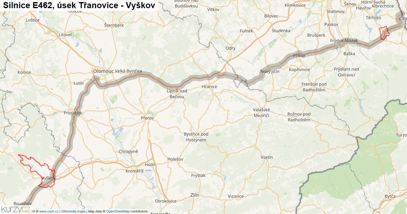 Úsek Třanovice - Vyškov, Silnice E462 - Mapa