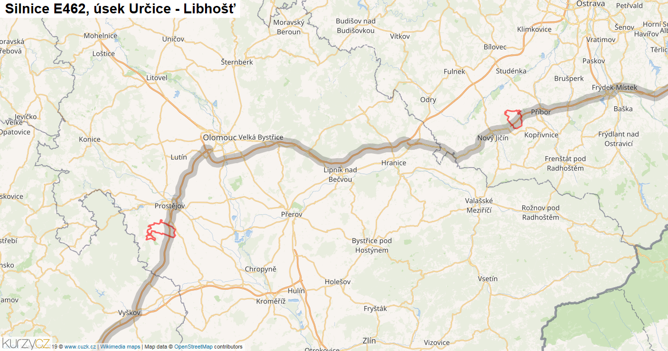 Úsek Určice - Libhošť, Silnice E462 - Mapa
