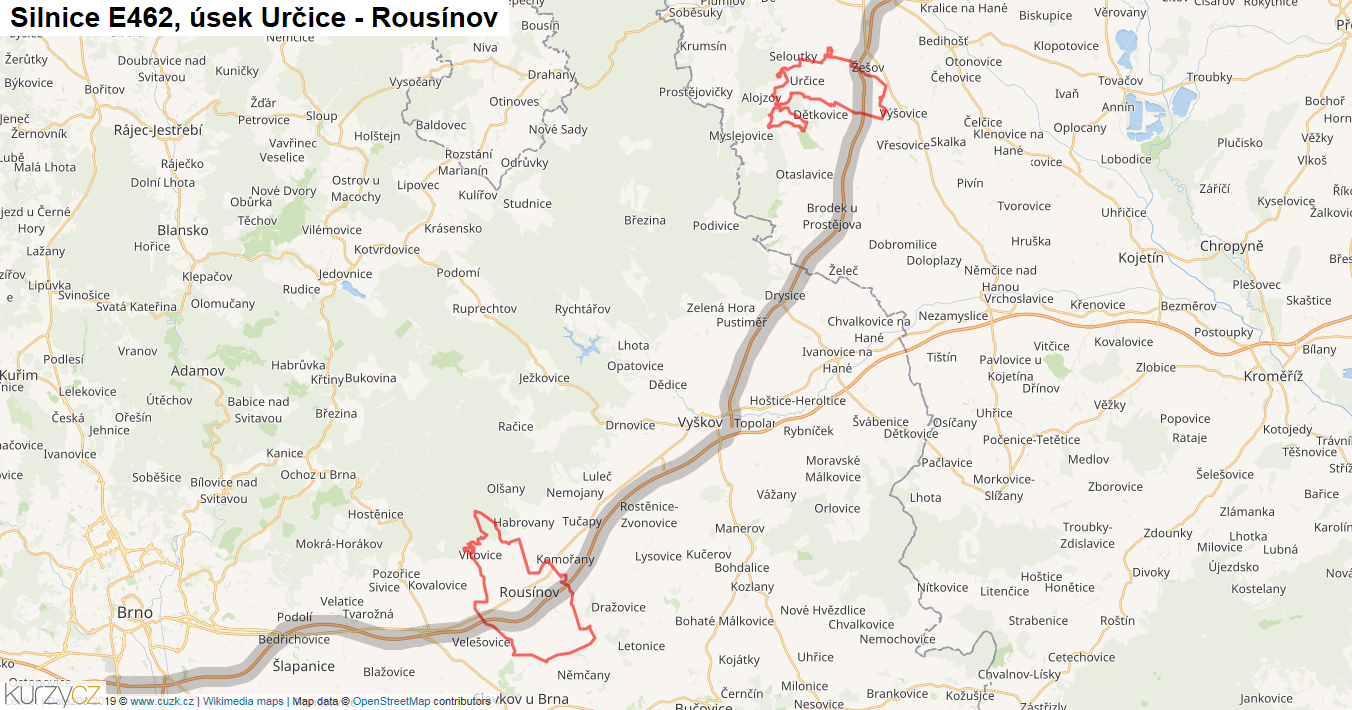 Úsek Určice - Rousínov, Silnice E462 - Mapa