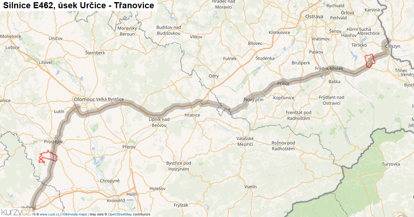 Úsek Určice - Třanovice, Silnice E462 - Mapa