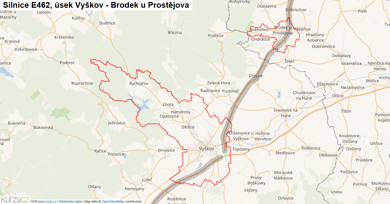 Úsek Vyškov - Brodek u Prostějova, Silnice E462 - Mapa