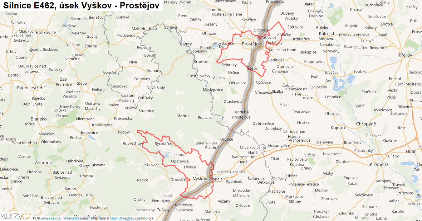 Úsek Vyškov - Prostějov, Silnice E462 - Mapa