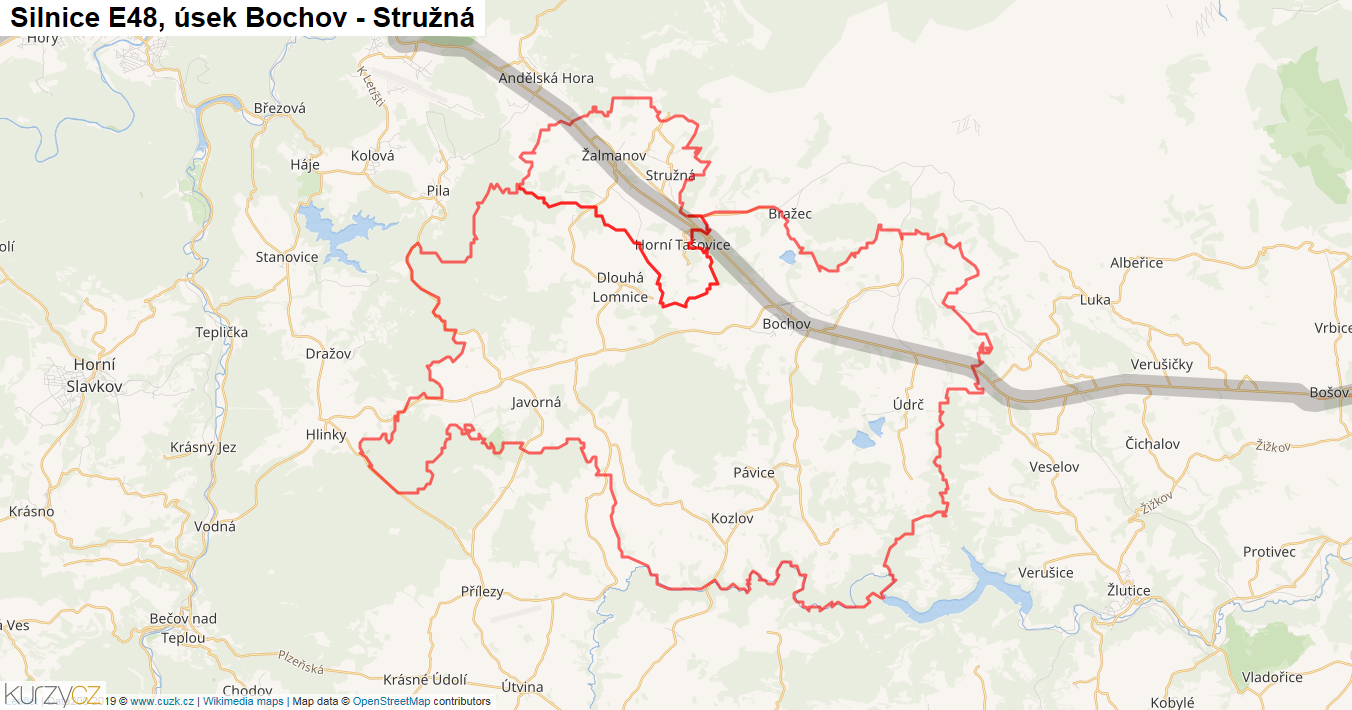 Úsek Bochov - Stružná, Silnice E48 - Mapa