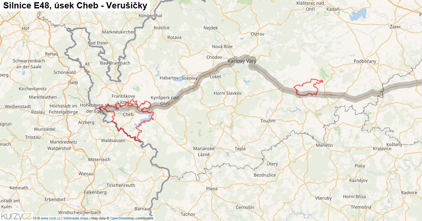 Úsek Cheb - Verušičky, Silnice E48 - Mapa