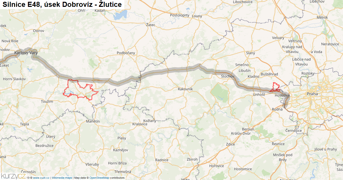 Úsek Dobrovíz - Žlutice, Silnice E48 - Mapa