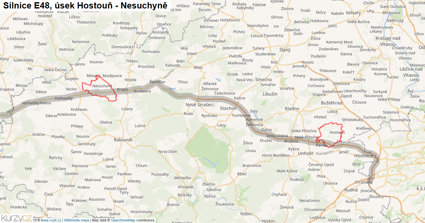 Úsek Hostouň - Nesuchyně, Silnice E48 - Mapa