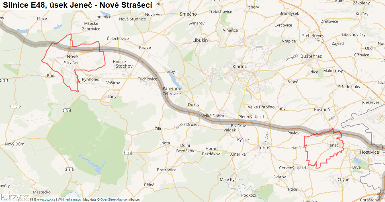 Úsek Jeneč - Nové Strašecí, Silnice E48 - Mapa