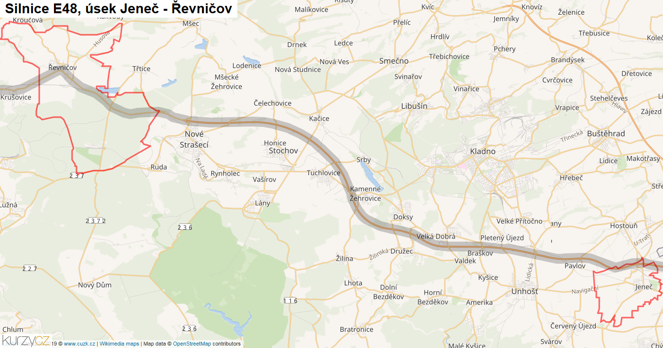 Úsek Jeneč - Řevničov, Silnice E48 - Mapa