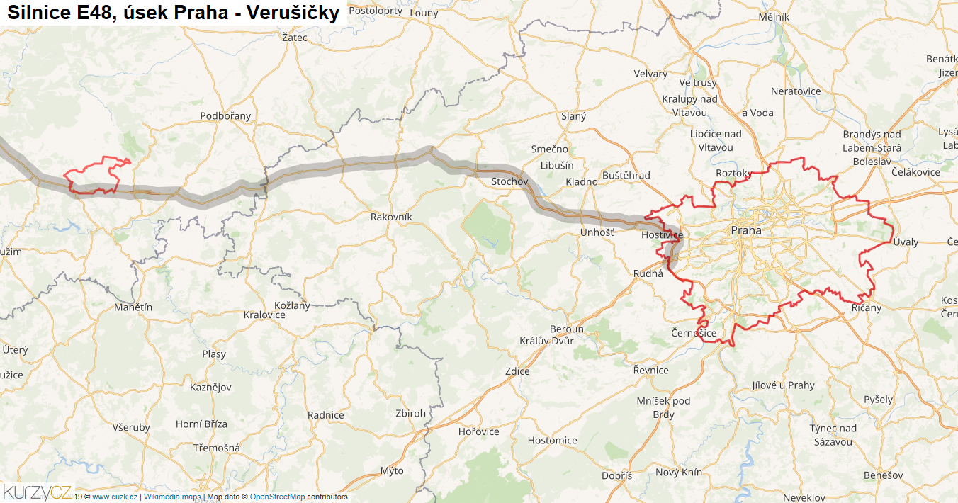 Úsek Praha - Verušičky, Silnice E48 - Mapa