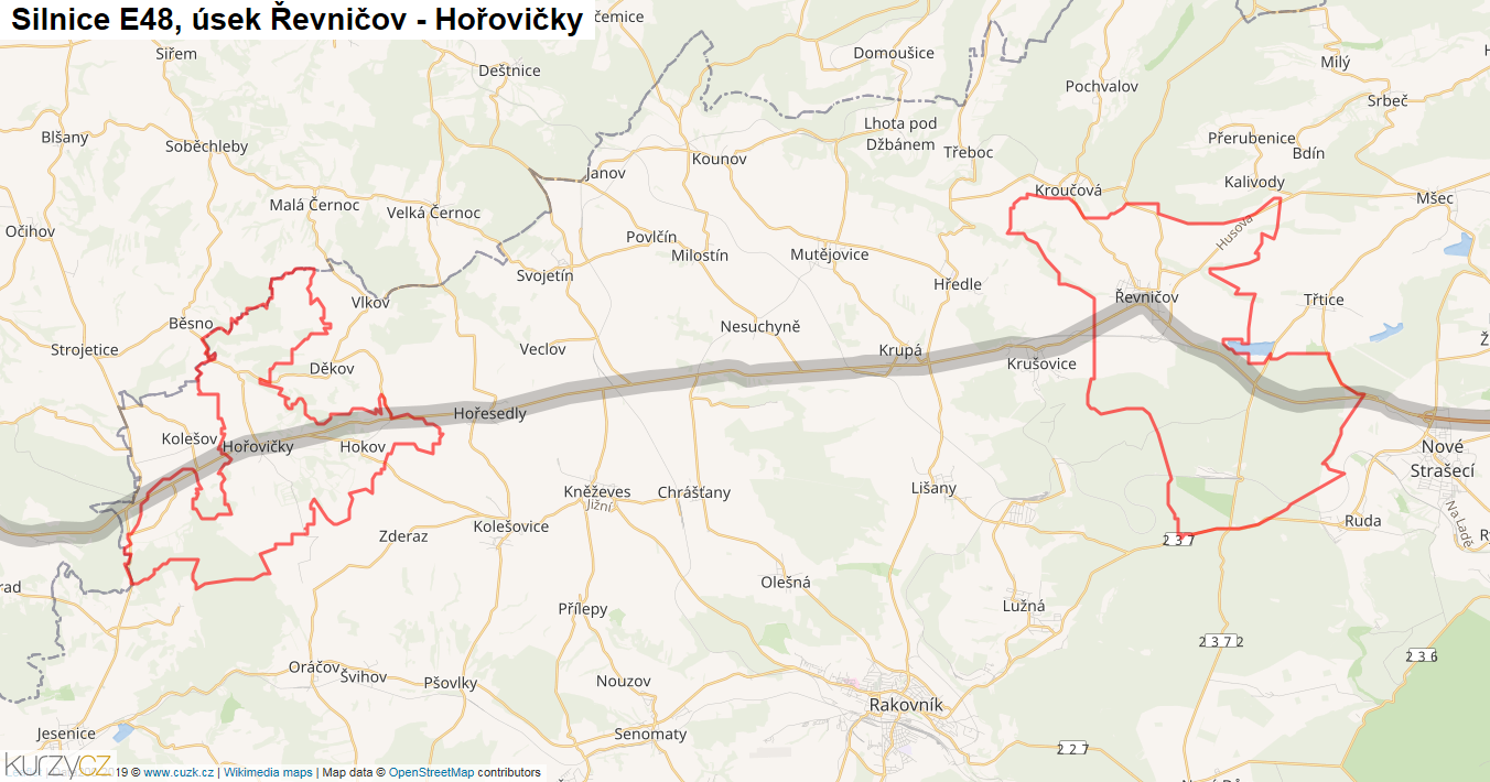 Úsek Řevničov - Hořovičky, Silnice E48 - Mapa