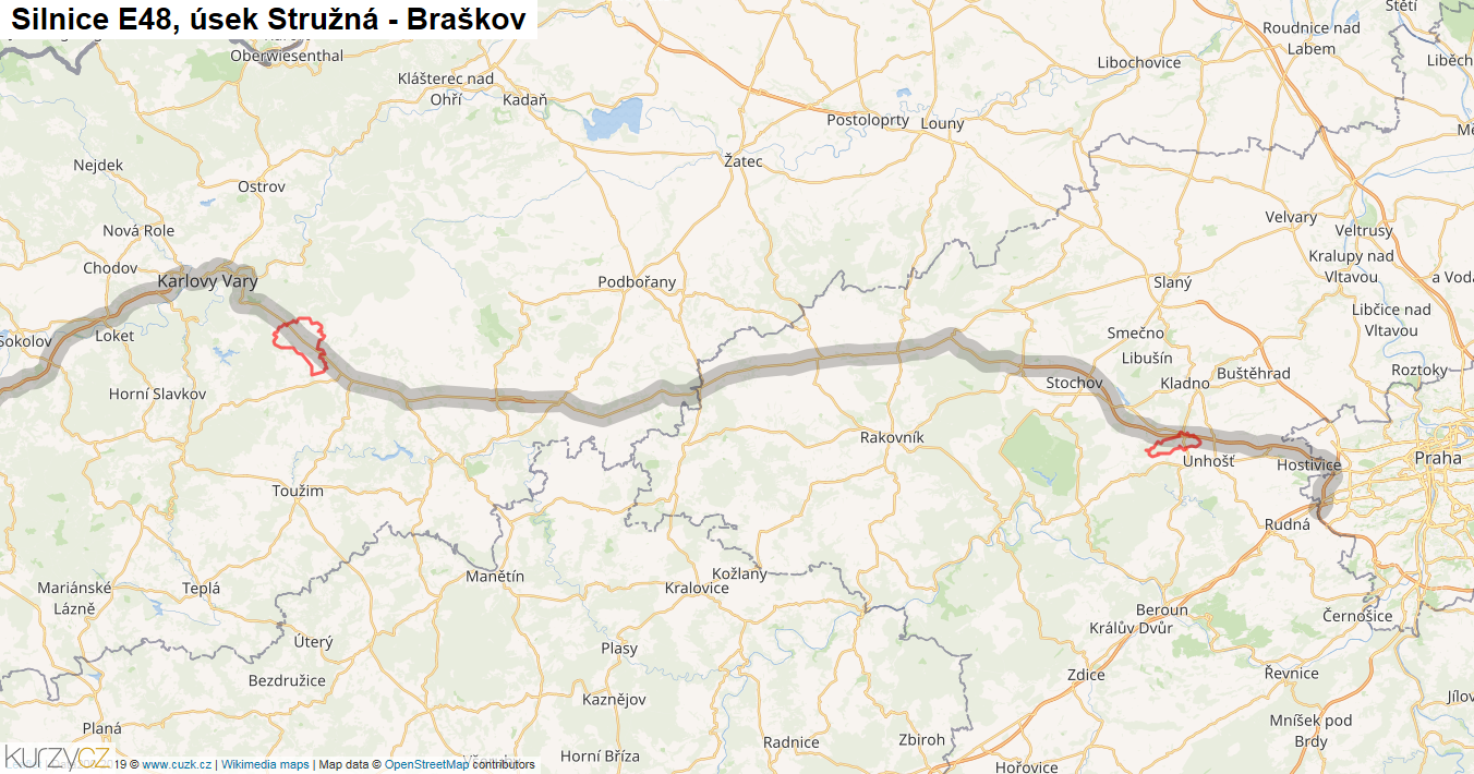 Úsek Stružná - Braškov, Silnice E48 - Mapa