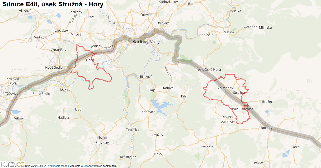 Úsek Stružná - Hory, Silnice E48 - Mapa