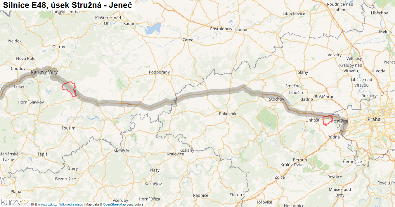 Úsek Stružná - Jeneč, Silnice E48 - Mapa