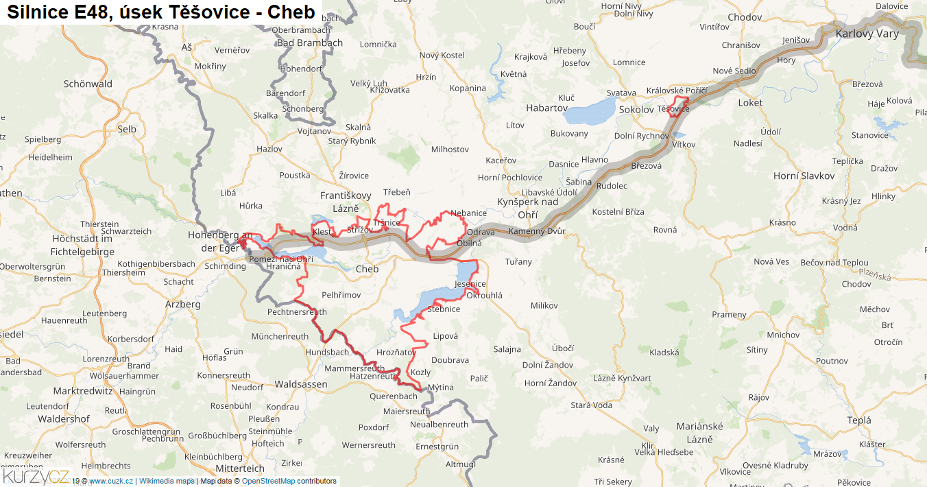 Úsek Těšovice - Cheb, Silnice E48 - Mapa
