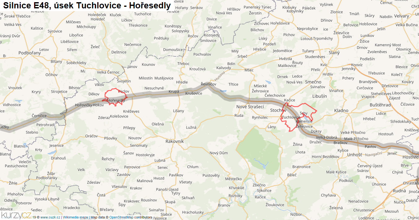 Úsek Tuchlovice - Hořesedly, Silnice E48 - Mapa
