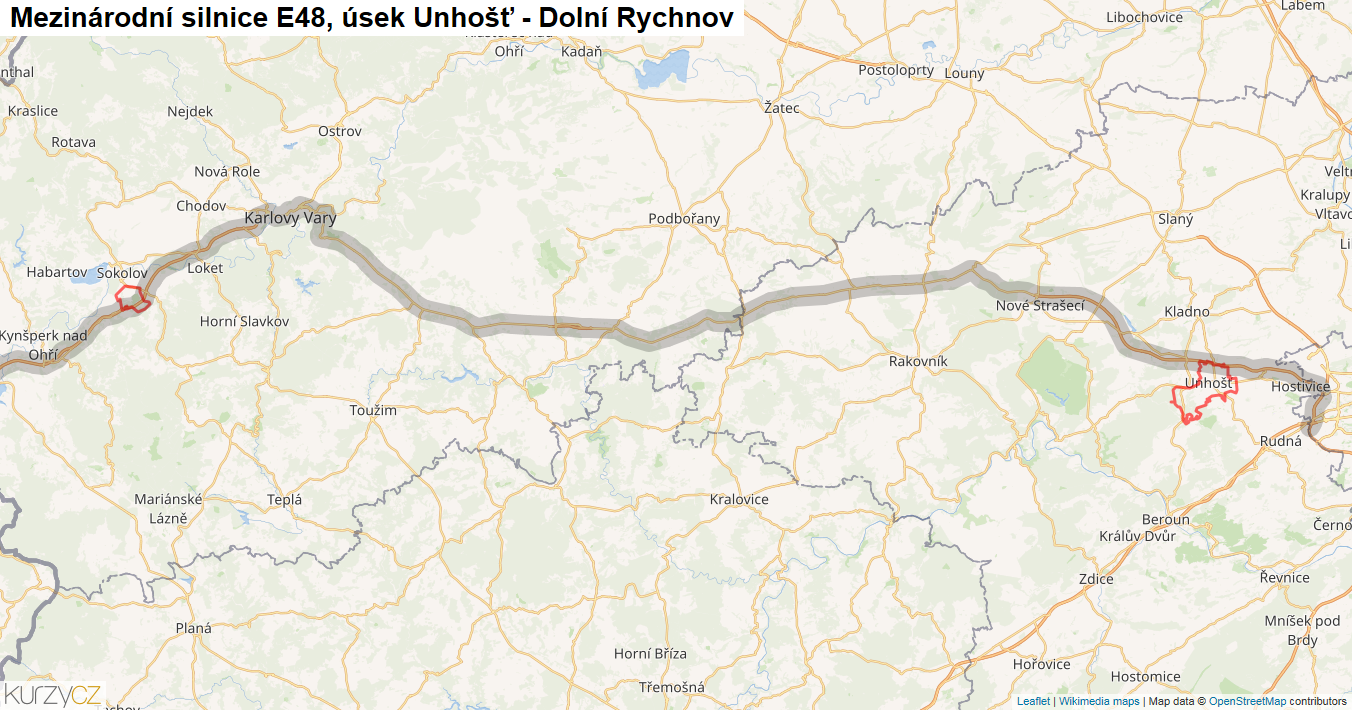 Úsek Unhošť - Dolní Rychnov, Silnice E48 - Mapa