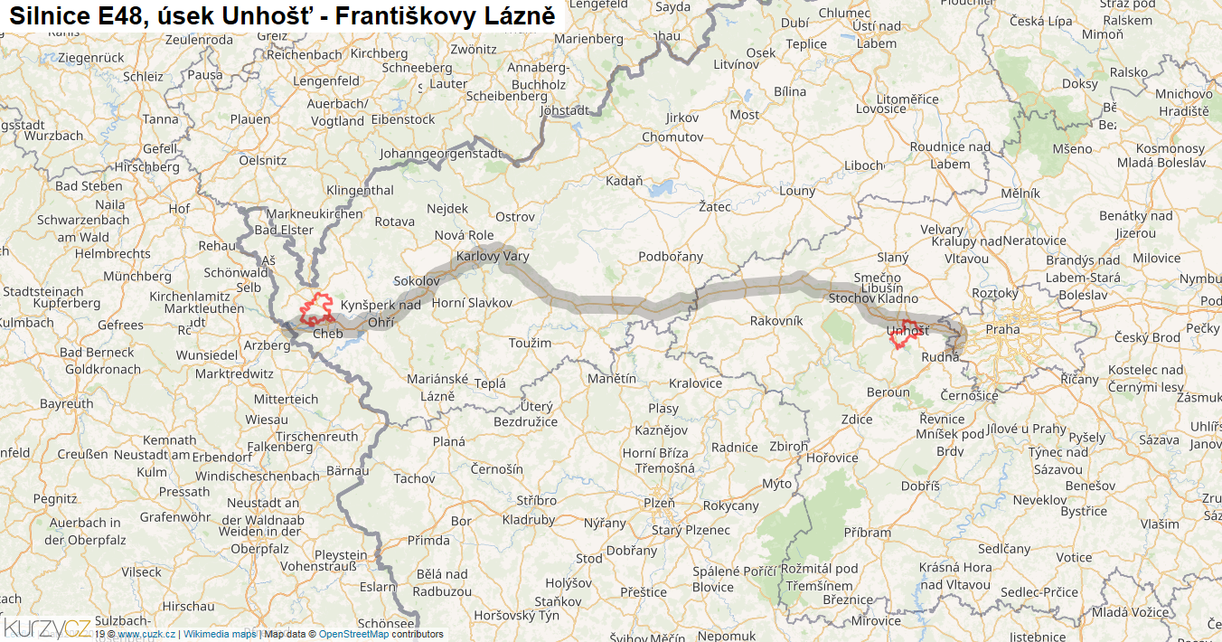 Úsek Unhošť - Františkovy Lázně, Silnice E48 - Mapa