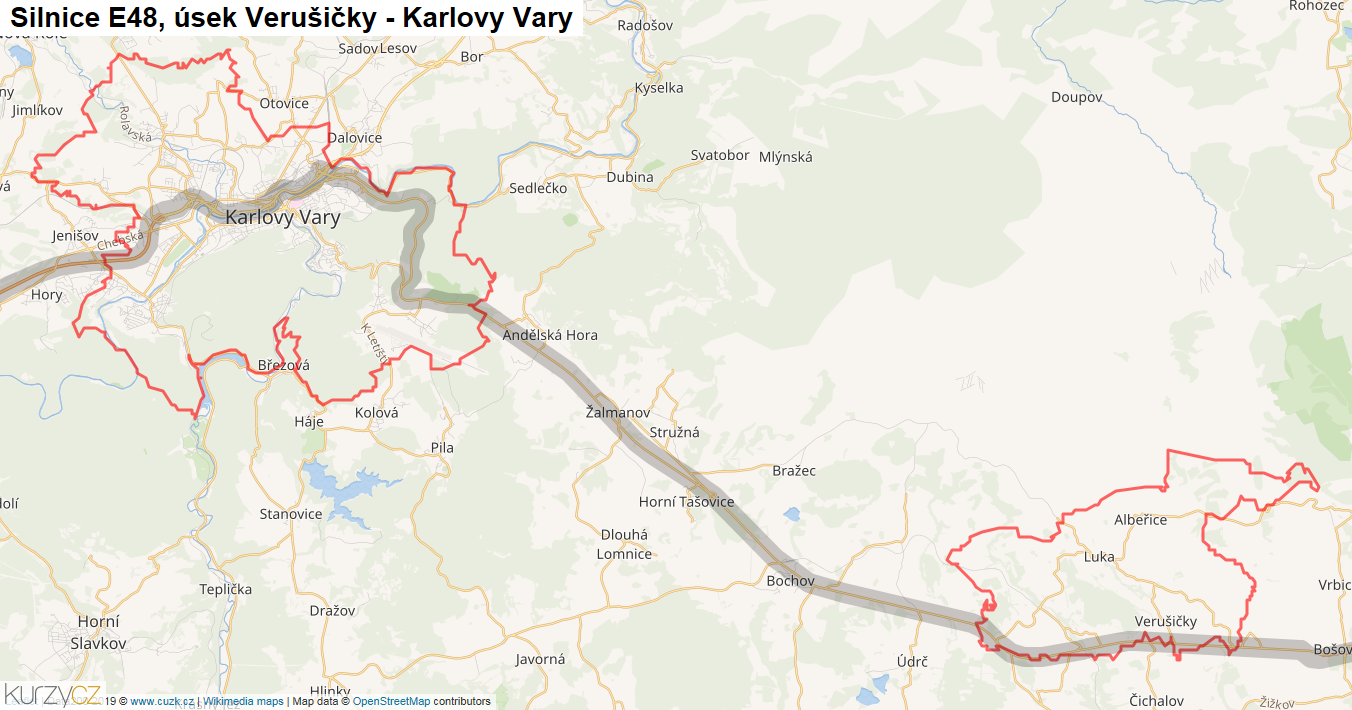 Úsek Verušičky - Karlovy Vary, Silnice E48 - Mapa