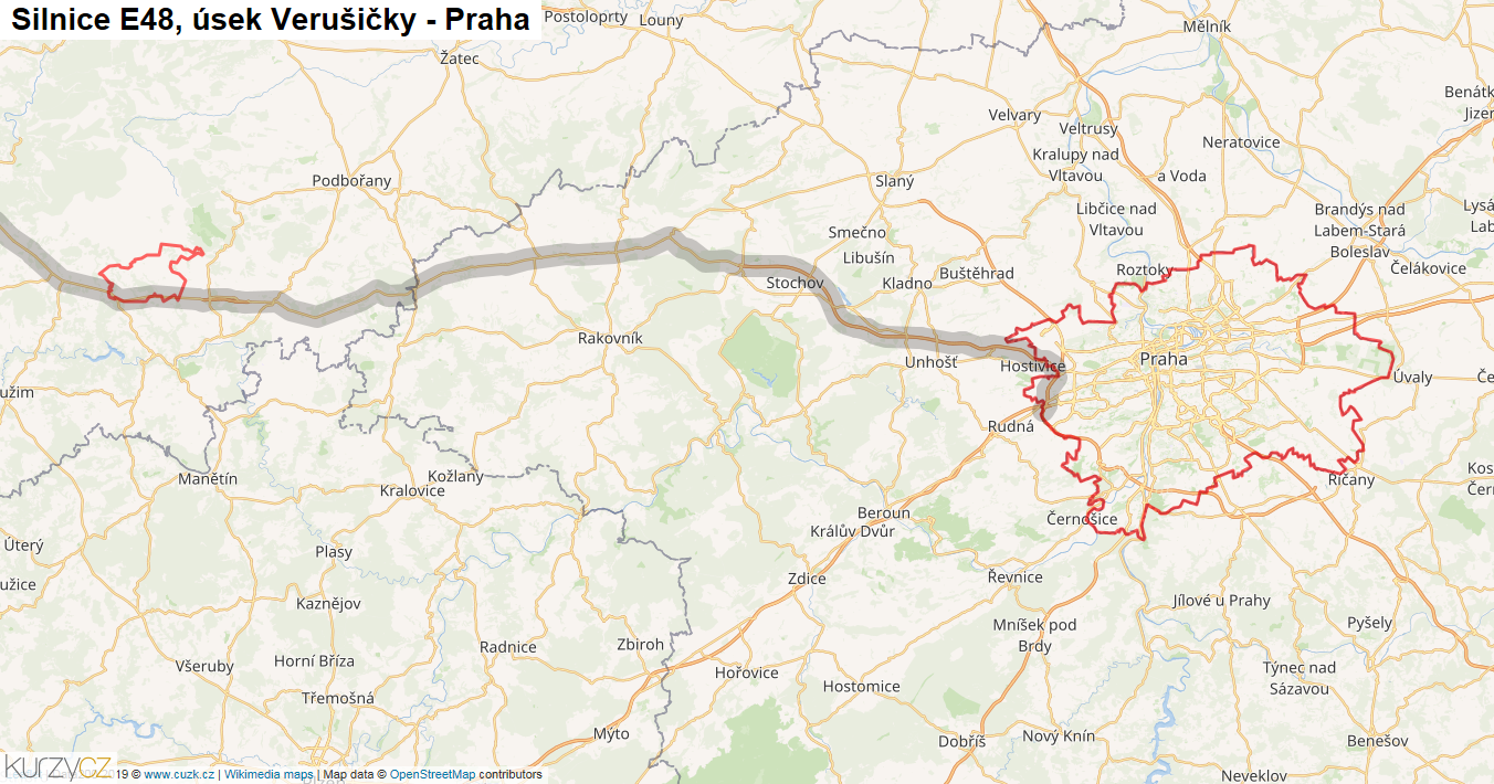 Úsek Verušičky - Praha, Silnice E48 - Mapa