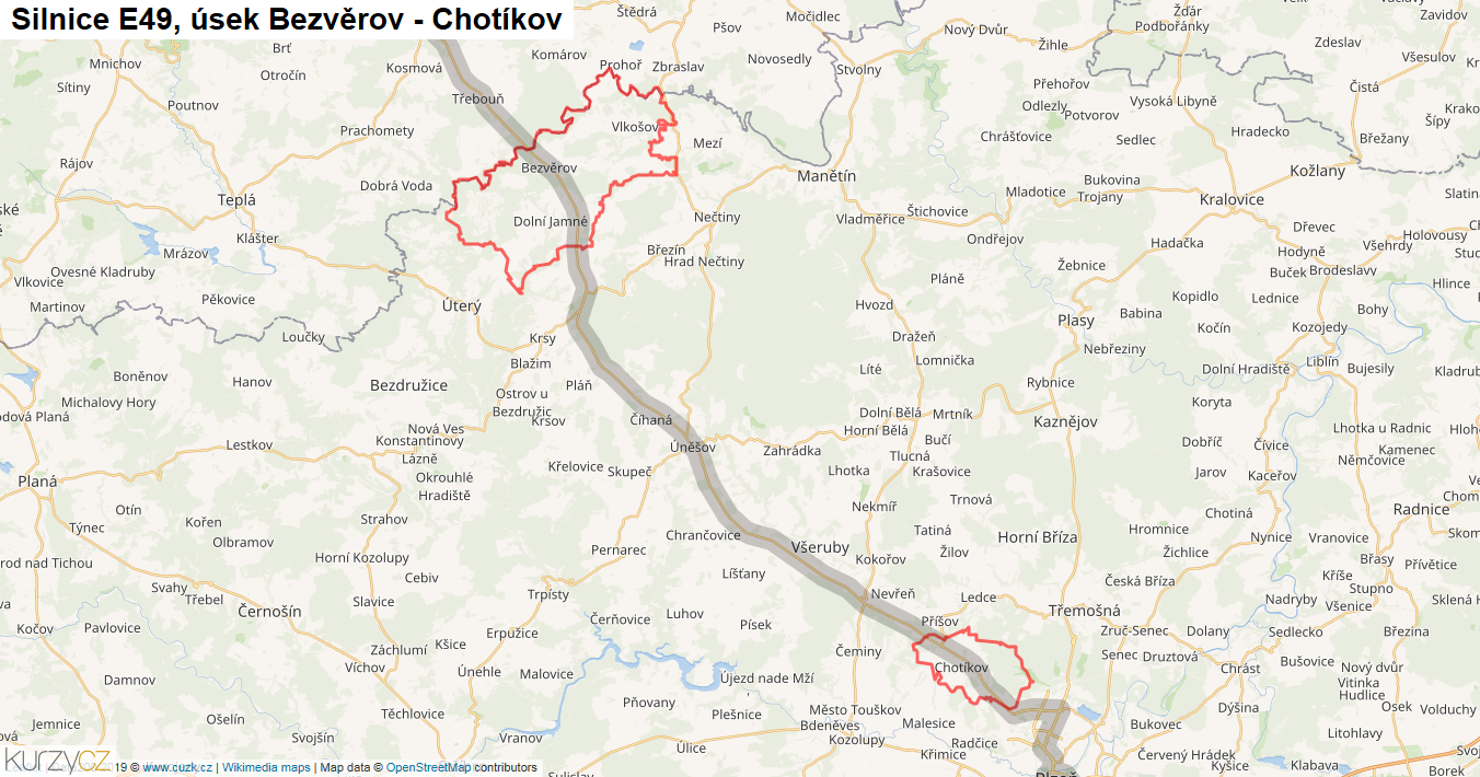 Úsek Bezvěrov - Chotíkov, Silnice E49 - Mapa