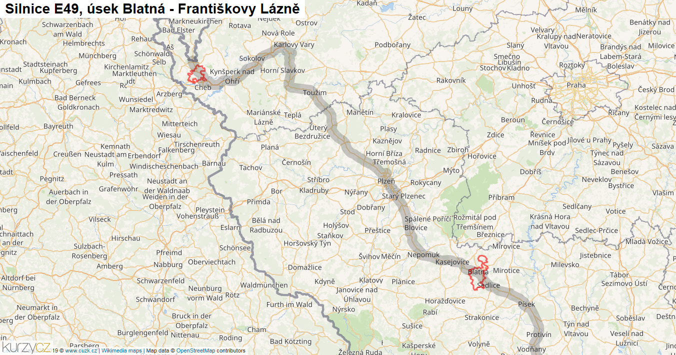 Úsek Blatná - Františkovy Lázně, Silnice E49 - Mapa