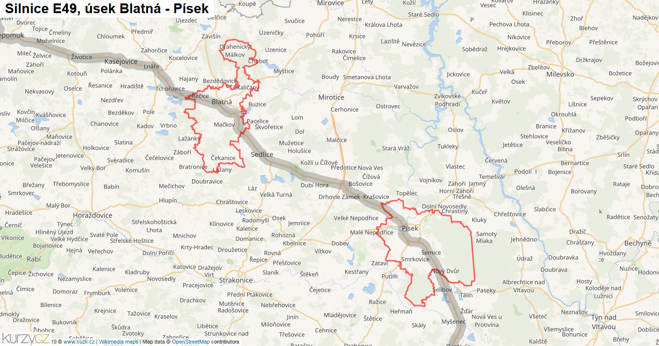 Úsek Blatná - Písek, Silnice E49 - Mapa