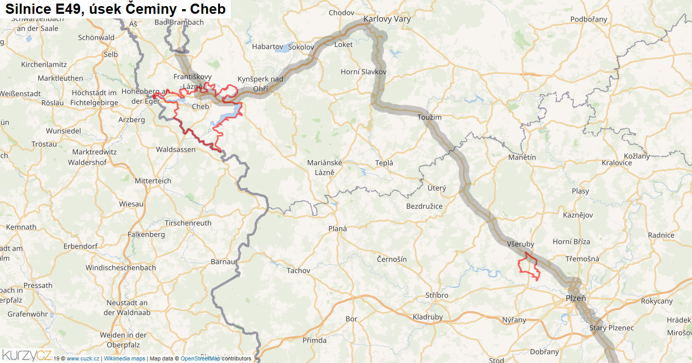Úsek Čeminy - Cheb, Silnice E49 - Mapa