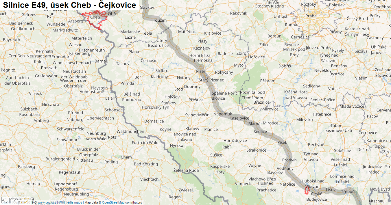 Úsek Cheb - Čejkovice, Silnice E49 - Mapa