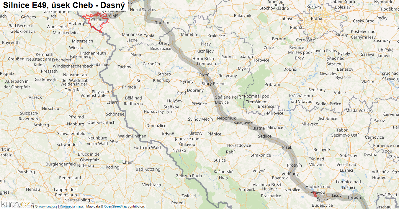 Úsek Cheb - Dasný, Silnice E49 - Mapa