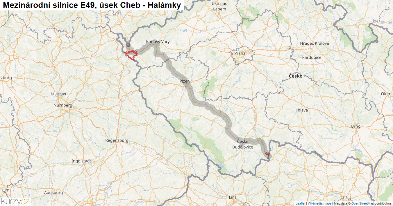 Úsek Cheb - Halámky, Silnice E49 - Mapa