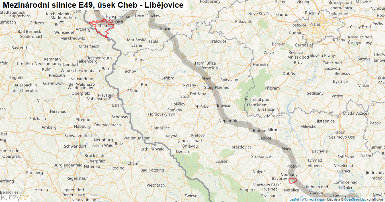 Úsek Cheb - Libějovice, Silnice E49 - Mapa