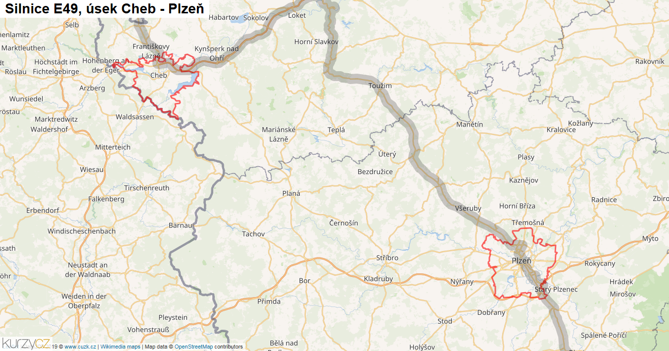 Úsek Cheb - Plzeň, Silnice E49 - Mapa