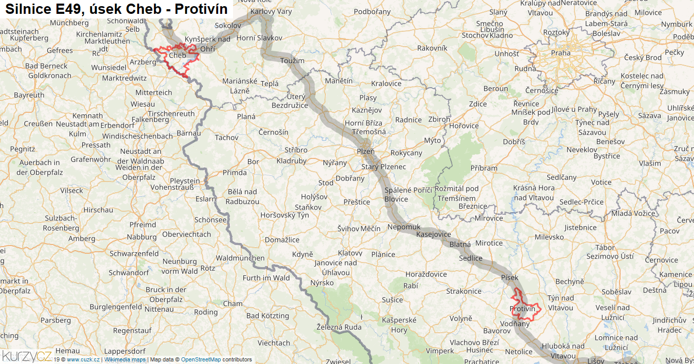 Úsek Cheb - Protivín, Silnice E49 - Mapa