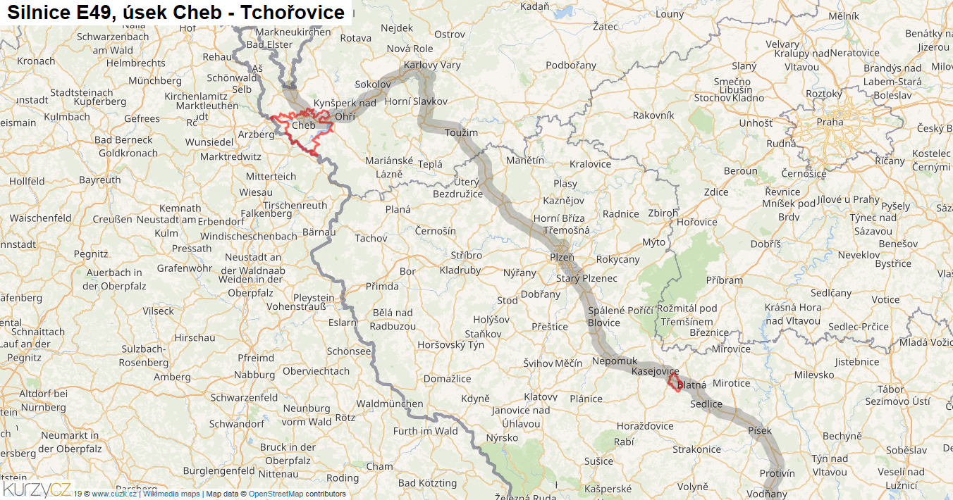 Úsek Cheb - Tchořovice, Silnice E49 - Mapa