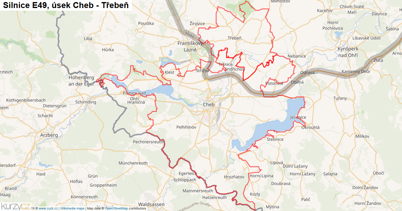 Úsek Cheb - Třebeň, Silnice E49 - Mapa