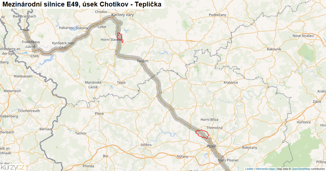 Úsek Chotíkov - Teplička, Silnice E49 - Mapa