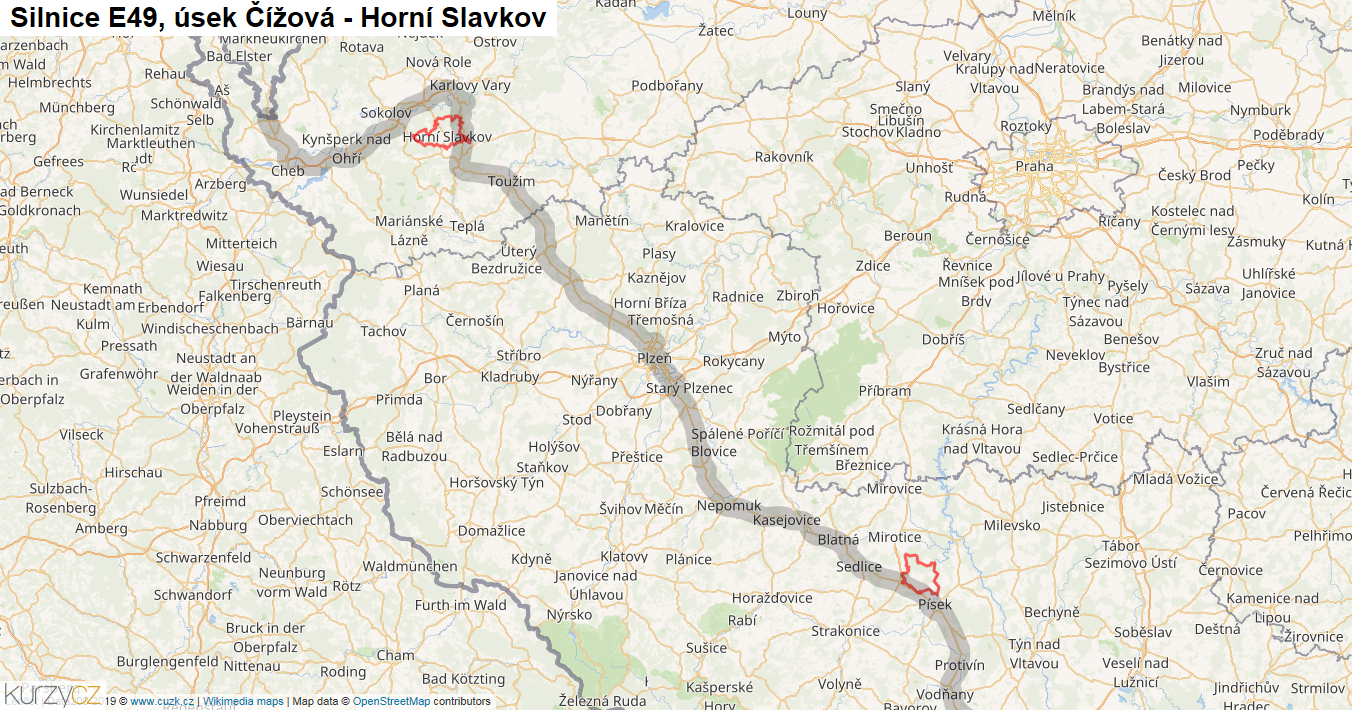 Úsek Čížová - Horní Slavkov, Silnice E49 - Mapa
