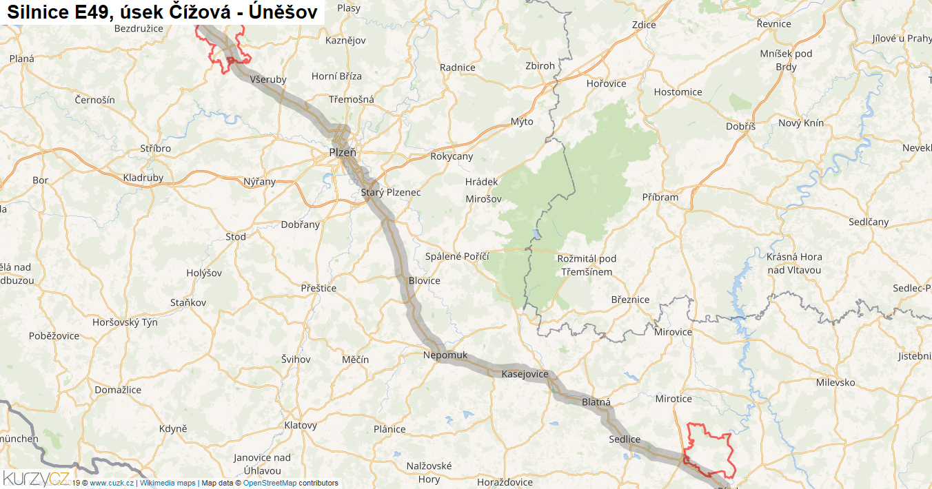 Úsek Čížová - Úněšov, Silnice E49 - Mapa