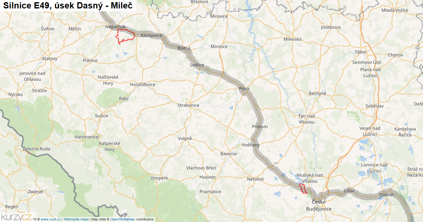 Úsek Dasný - Mileč, Silnice E49 - Mapa