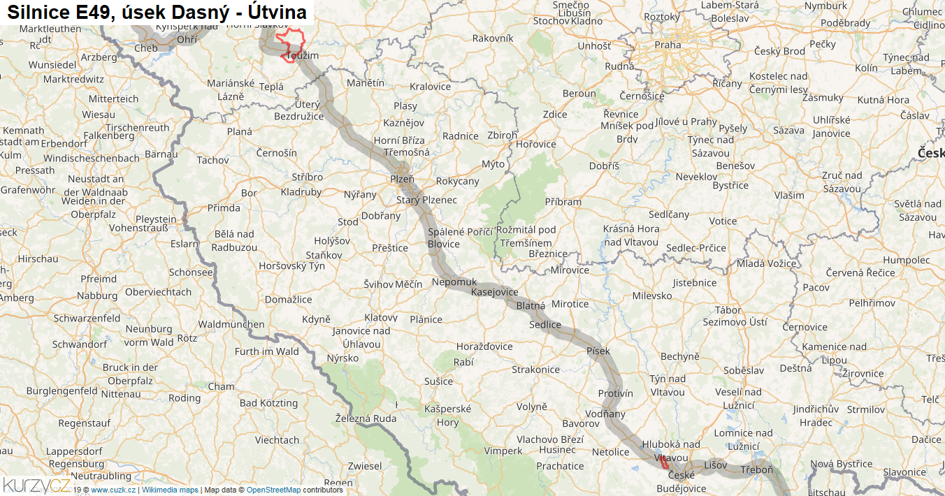 Úsek Dasný - Útvina, Silnice E49 - Mapa