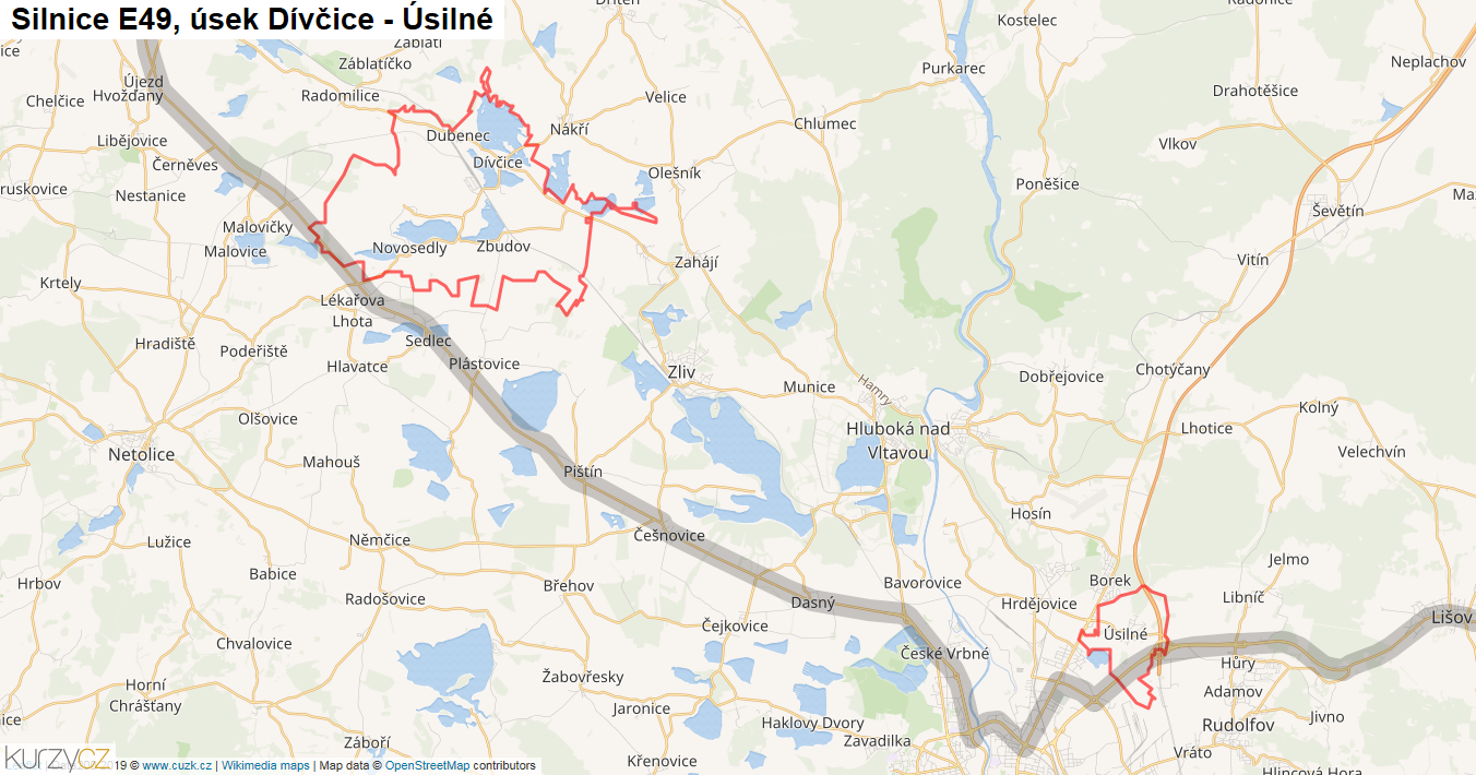 Úsek Dívčice - Úsilné, Silnice E49 - Mapa