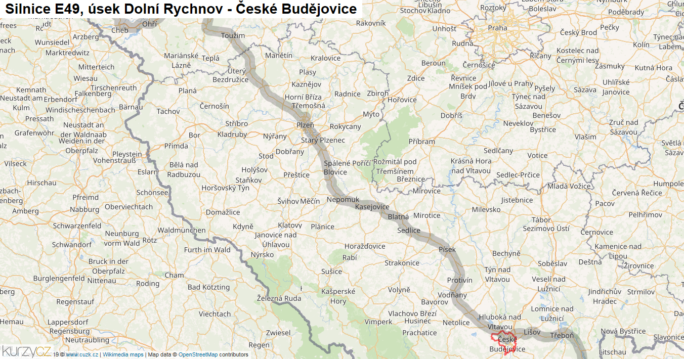 Úsek Dolní Rychnov - České Budějovice, Silnice E49 - Mapa