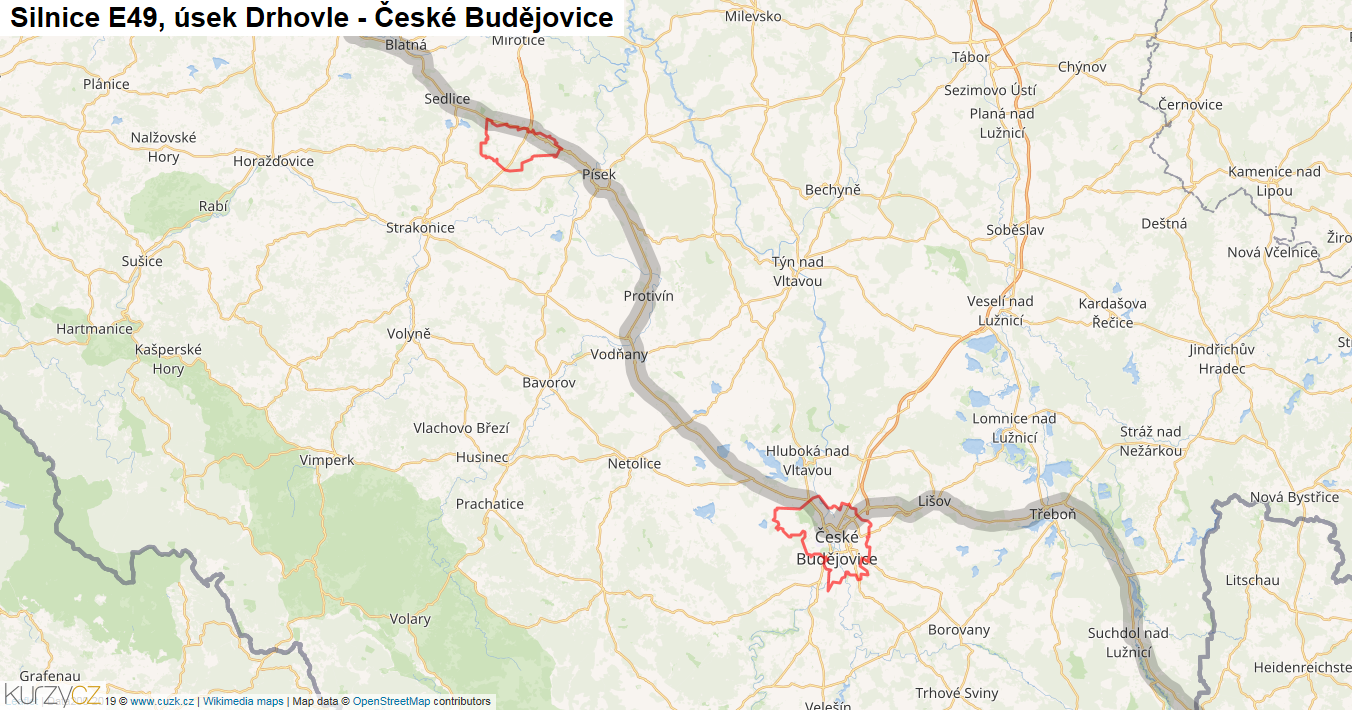 Úsek Drhovle - České Budějovice, Silnice E49 - Mapa