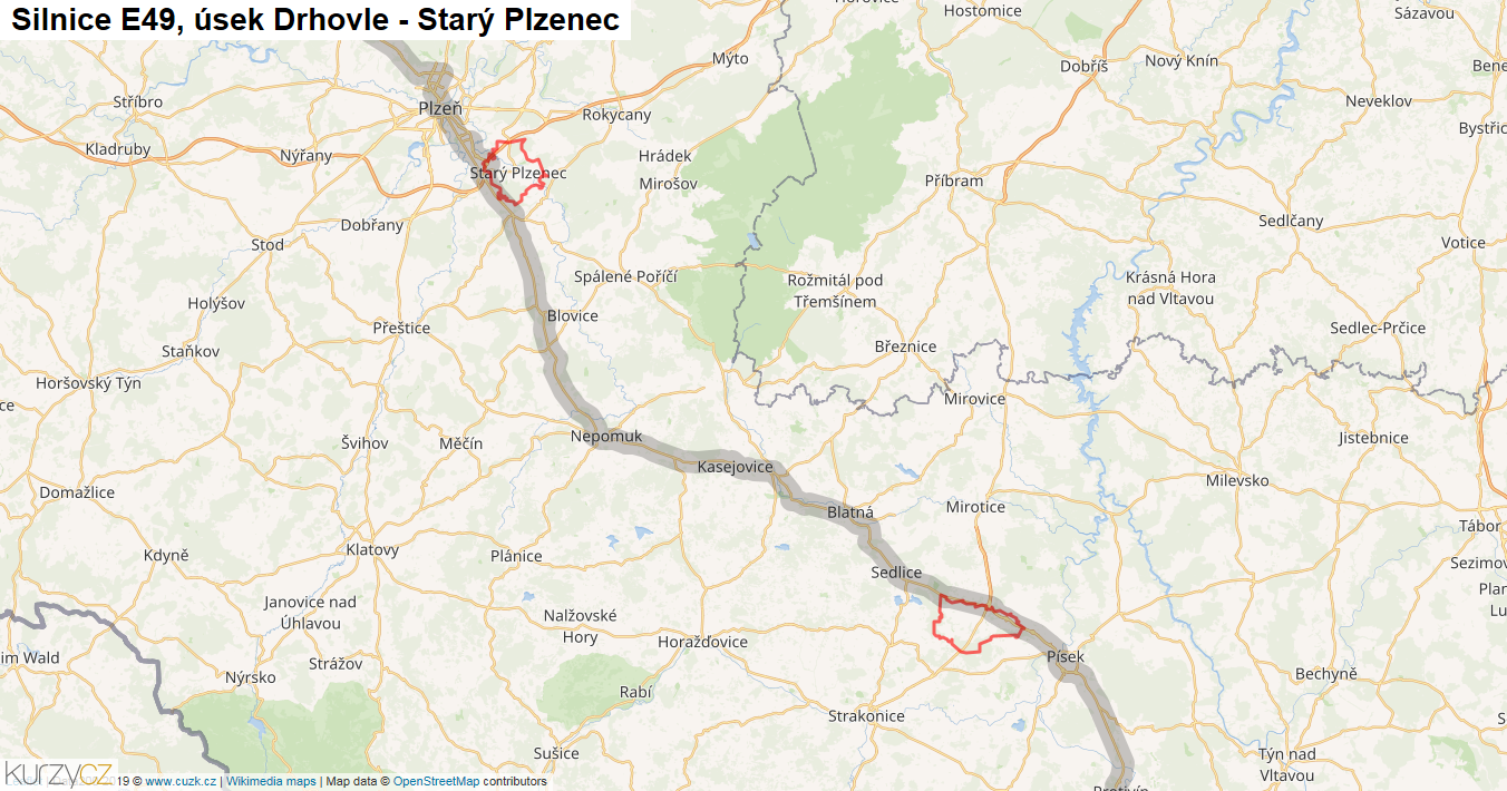 Úsek Drhovle - Starý Plzenec, Silnice E49 - Mapa