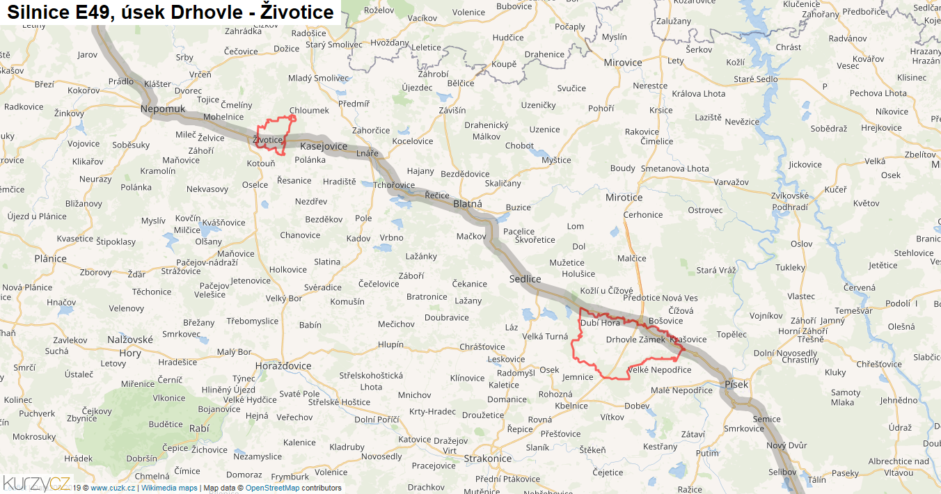 Úsek Drhovle - Životice, Silnice E49 - Mapa