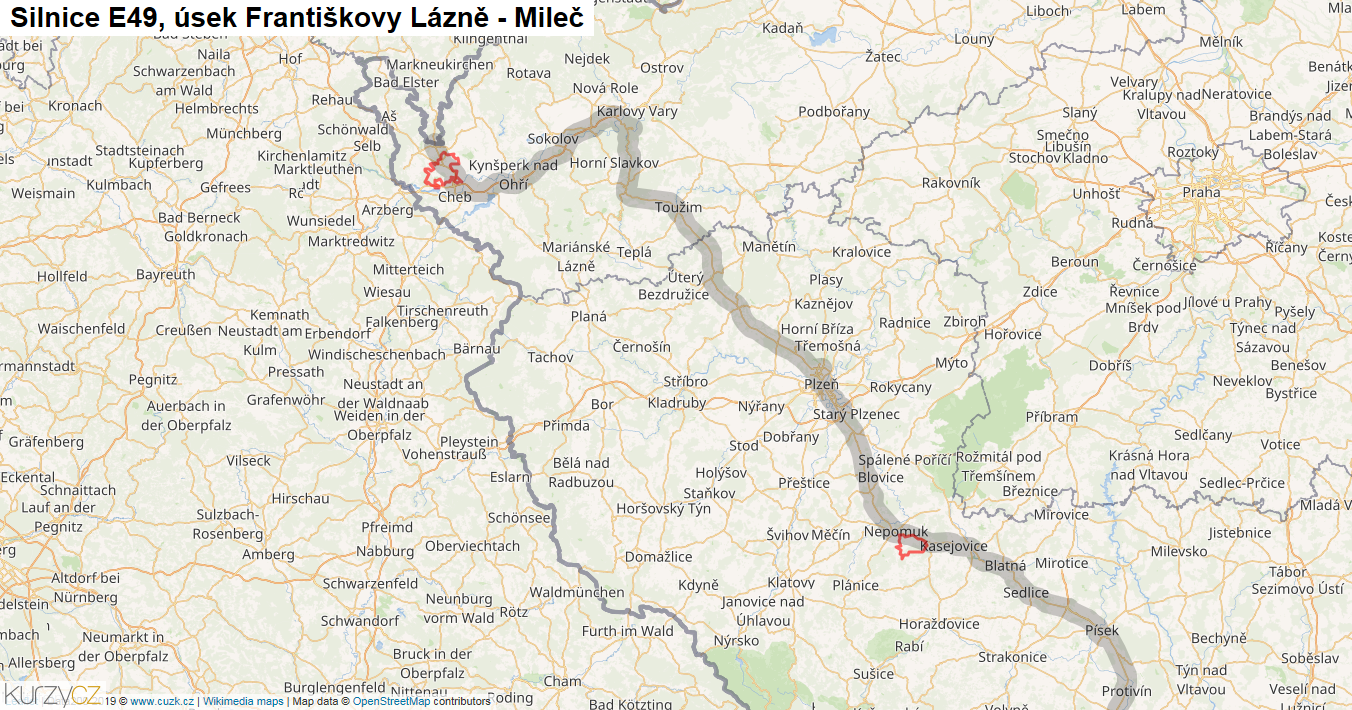 Úsek Františkovy Lázně - Mileč, Silnice E49 - Mapa