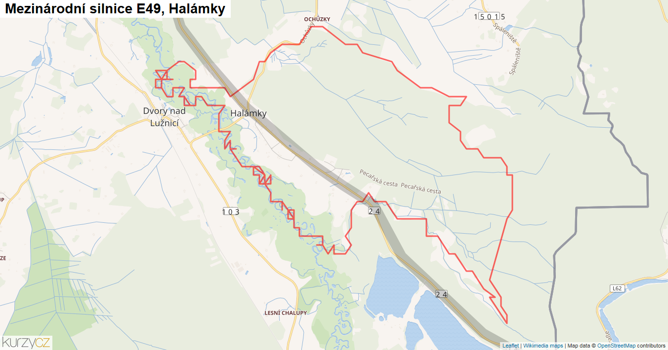 Halámky, Silnice E49 - Mapa