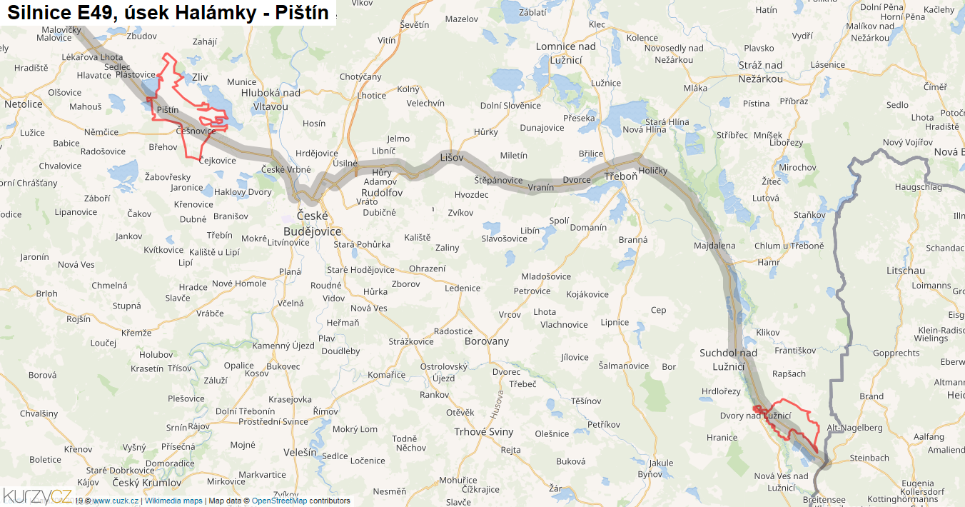 Úsek Halámky - Pištín, Silnice E49 - Mapa